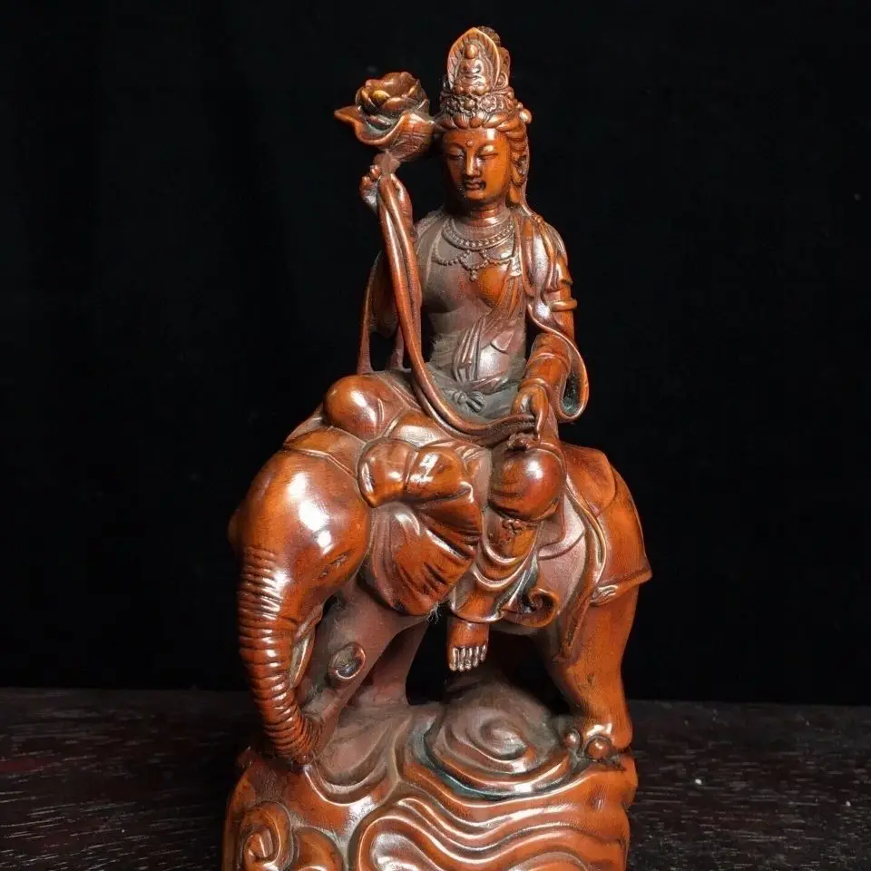 Hand Carved Wood Bodhisattva riding elephant and lotus Statue Figurine Desktop Ornaments Home Decoration