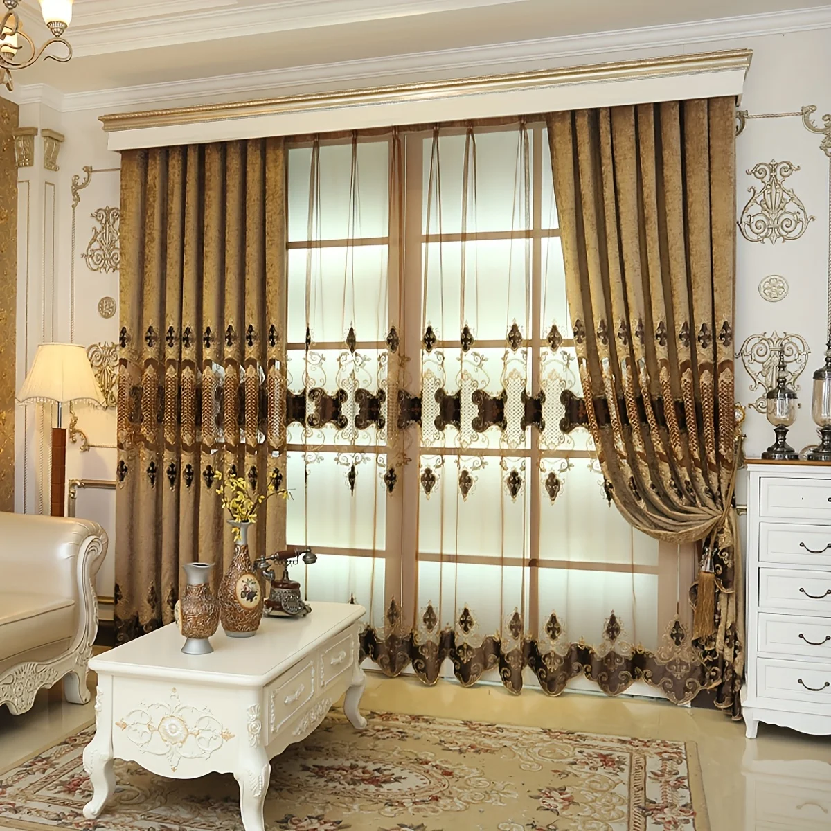 

Luxurious Chenille Embroidered Curtain, High-End Hollow Out Design, Transparent Window Shade, Sunshade for Living Room Bedroom B
