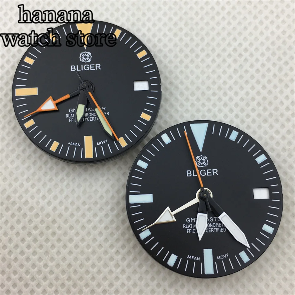 Bliger 29มม. หน้าปัดสีส้ม, หน้าปัดสีฟ้า GMT สีเขียวเรืองแสงเหมาะสำหรับ NH34เคลื่อนไหวหน้าต่างวันที่อัตโนมัติ