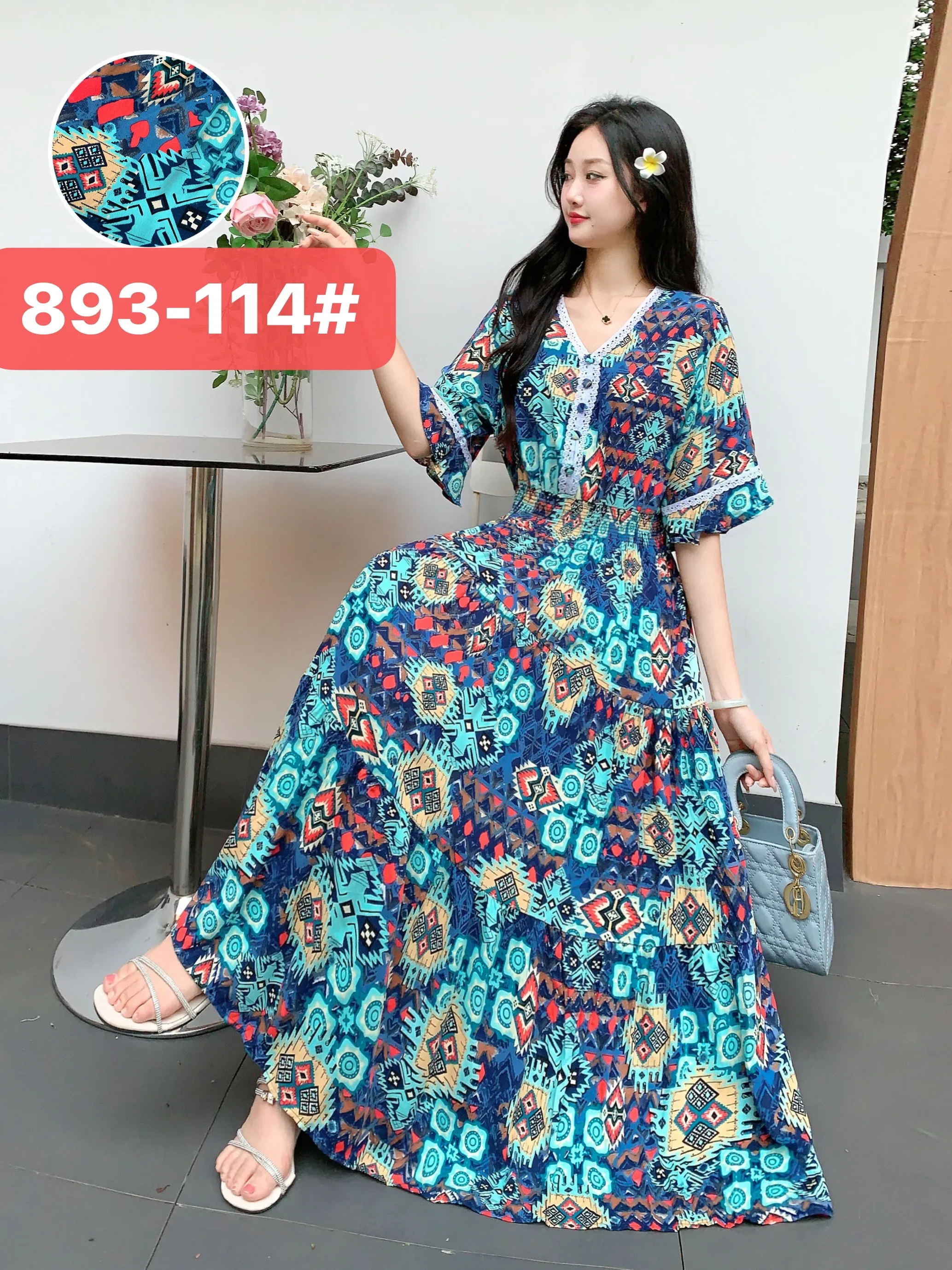 Loose Summer Dress Women Bohemian Korean Style Polka Dot and Floral Cotton Maxi Print Beach V-Neck Casual Vintage Vestidos Robe