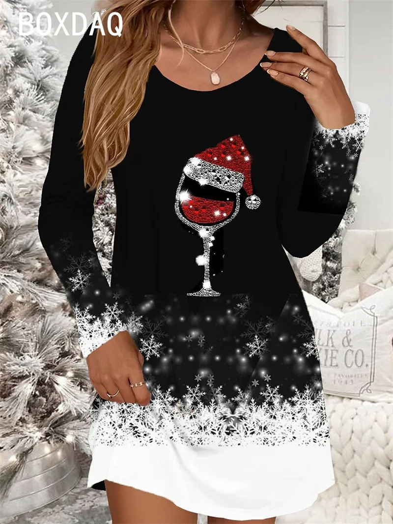 Women's Christmas Dress Fashhion Casual Christmas Snowflakes Wine glass Print Mini Dress Long Sleeve O-neck Autumn Woman Dress