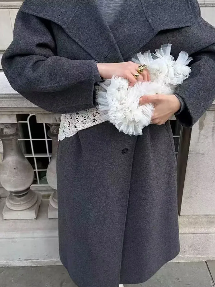 

HH Women's Winter New Fashion Stand Collar Belt Solid Long Woolen Coat Female High Street Casual Single Breasted Jackets Mujer