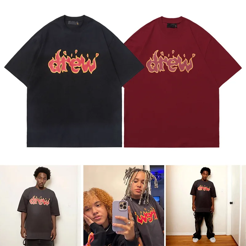 درو هاوس قصيرة الأكمام تي شيرت المشتعلة رسائل شارع العليا الصيف 100% القطن الرجال زوجين لباس غير رسمي Instagram نمط