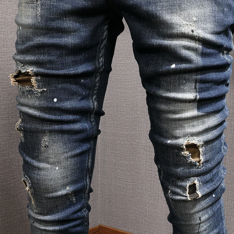 Street Fashion Men Jeans Retro Black Blue Elastic Stretch Slim Fit Vintage Ripped Jeans Patched Designer Hip Hop Denim Pants Men