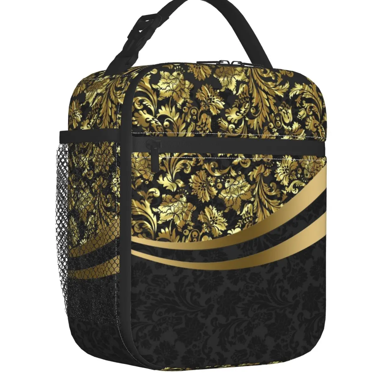 

Black And Gold Floral Damasks Insulated Lunch Tote Bag Geometric Art Portable Thermal Cooler Bento Box Kids School Children