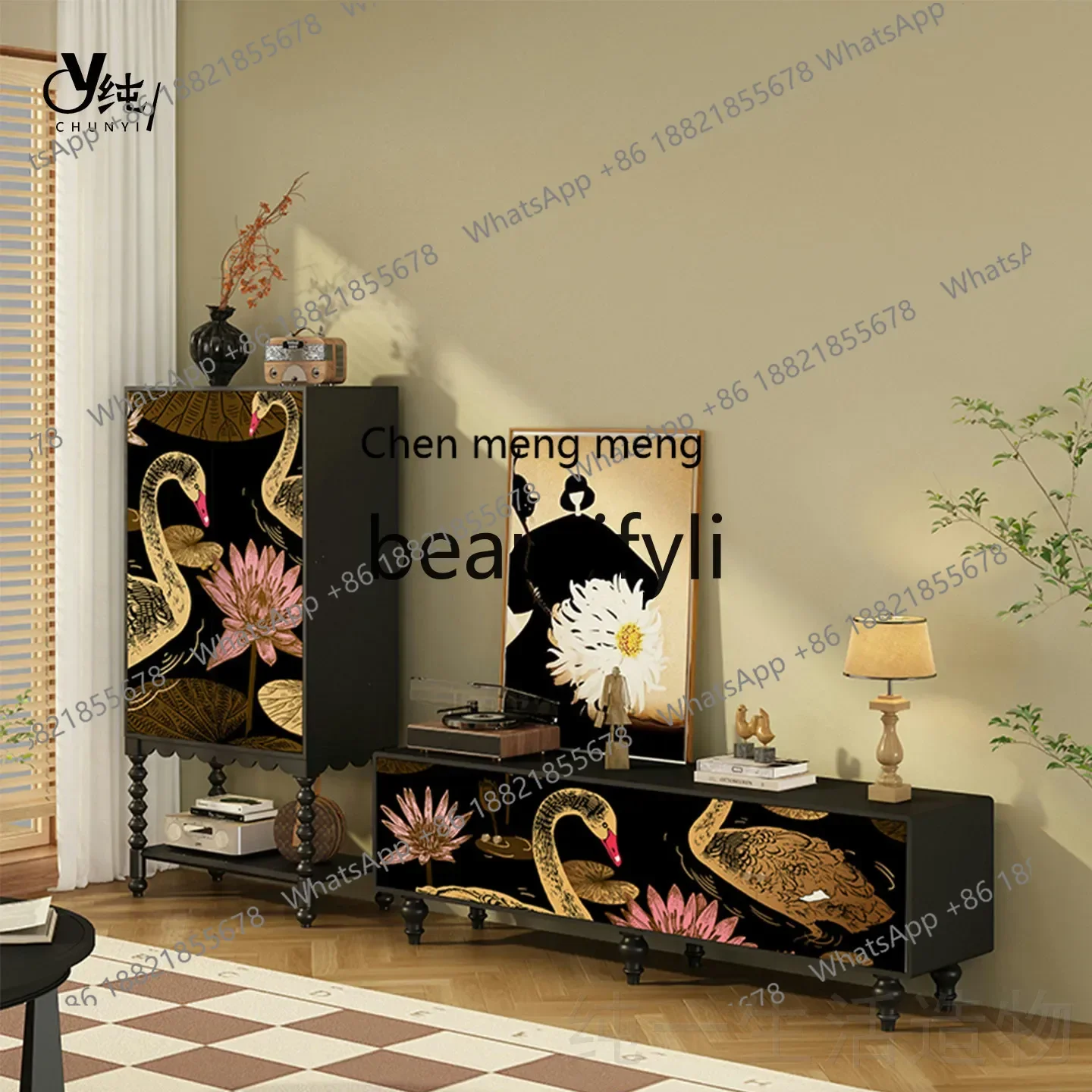 A32 New Chinese Style Retro Solid Wood High Cabinet TV Cabinet Living Room Decorative Storage Cabinet