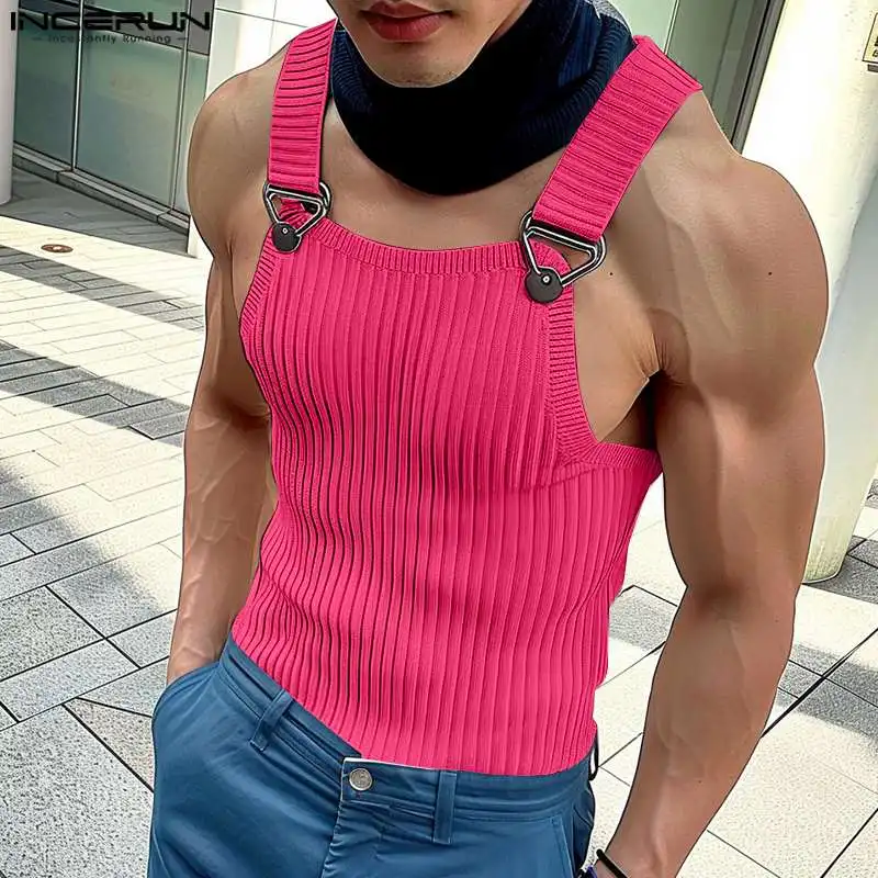 2024 Men's Tank Tops Solid Color Knitted Sleeveless Button Streetwear Casual Vests Summer Fitness Fashion Men Clothing INCERUN