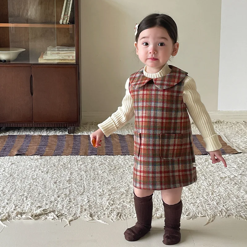 Cekcya Baby Girl Plaid Vintage Vest Dresses Girls Clothing Autumn Winter Sweet Dress 2024 Korean Birthday Holidays Clothes