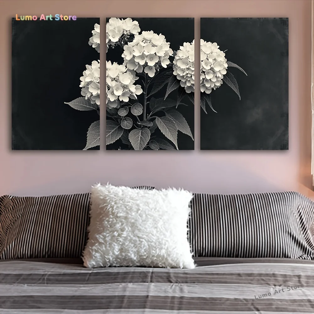 2D Flat, 2D Flat, Wall Decor, 2D Flat 3pcs Frameless Black And White Hydrangea Canvas Art Prints - Ideal for Living Room, Off