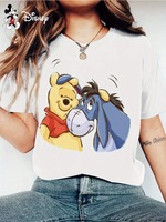 Disney Winnie The Pooh and Eeyore Women's Round Neck T-Shirt Cartoon Pattern Four Seasons Casual Top Character Clothing