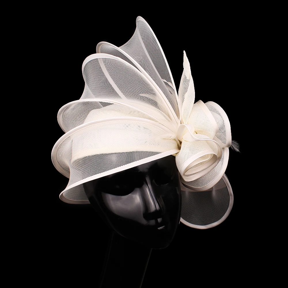 Beige Millinery Caps With Headbands Accessories Imitation Sinamay Derby Cocktail Hat Women Bridal Hair Fascinators Feather Fancy view 2