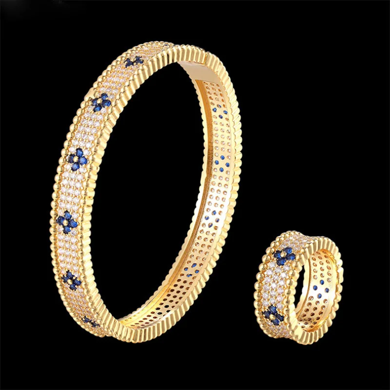 Bobokiki Jewelry Fashion Classic Light Bead Four-Leaf Flower Titanium Steel Micro-Inlaid AAA Zircon Creative Bracelet Ring Set