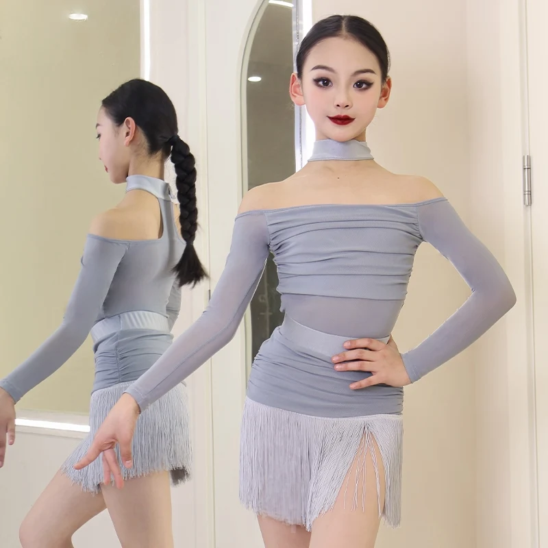 

Kids Latin Dance Dress For Girls Long Sleeves Gray Fringe Dress Cha Cha Rumba Samba Practice Clothes Competition Dress DNV22616
