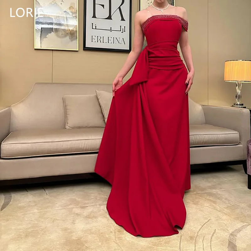 LORIE Elegante rote Partykleider mit Perlenstickerei, schulterfrei, Abendkleid, A-Linie, Ballkleider, individuell gestaltet
