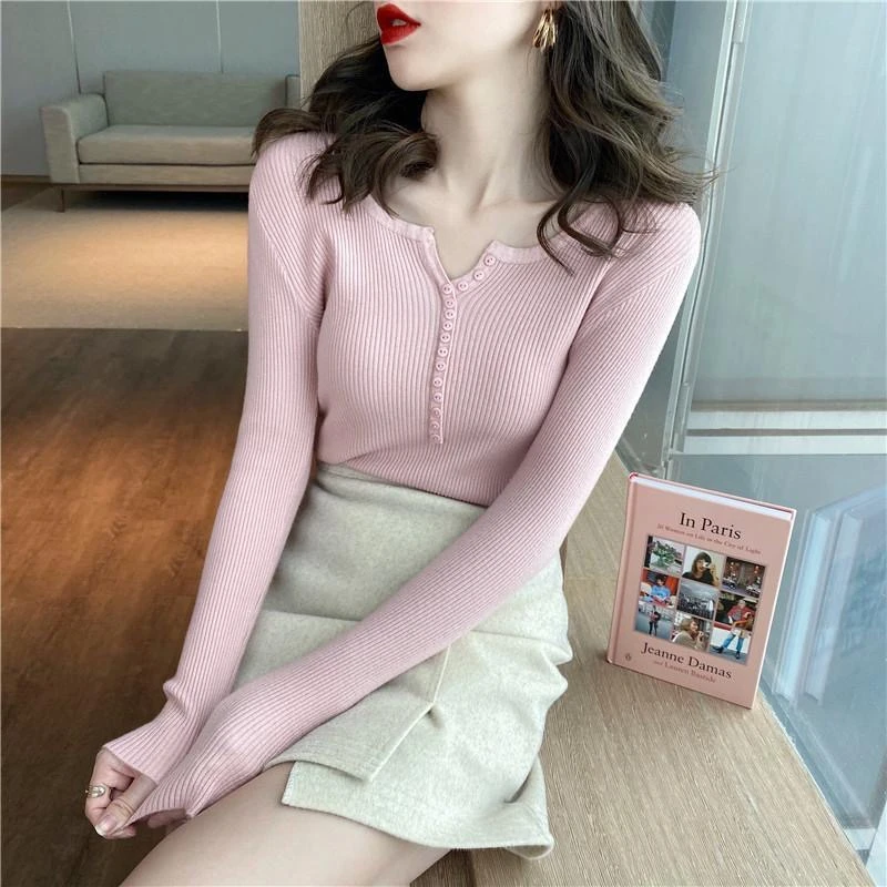 Women Sexy V Neck Long Sleeve Knitted Cardigan Sweater Fashion Solid Stretch Tops Thin Button Up Pullovers Bottoming Sweater