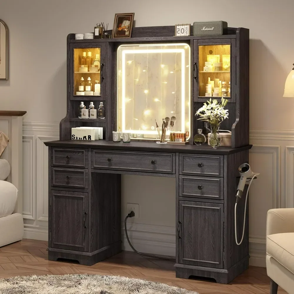 Vanity Desk with Mirror and Lights, Makeup Table Set with RGB Cabinets, 5 Drawers and 6 Storage Shelves Dressing Table