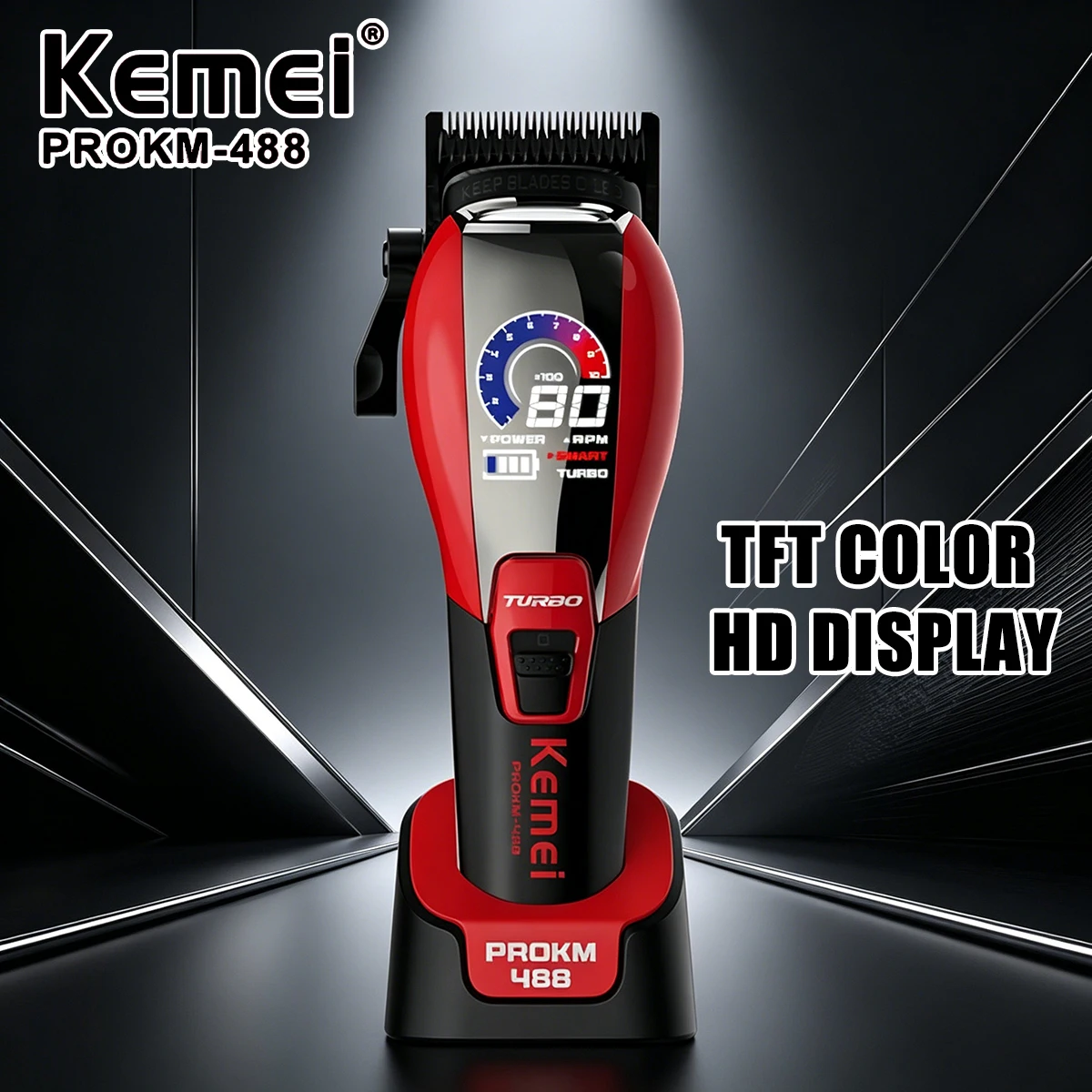 

Kemei Clippers Professional Hair Clippers Rechargeable DLC NEW Design Hair Cut Machine TFT Color HD DISP Clippers For Man KM-488
