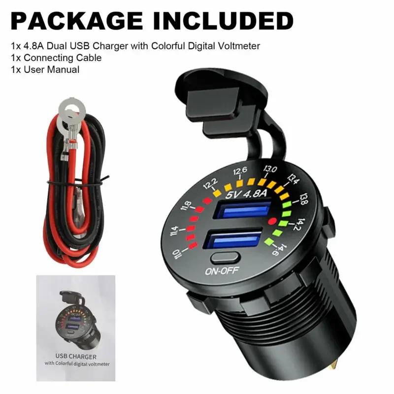 

12V Dual USB 4.8A Fast Car Charger Socket Power Outlet W/ LED Digital Voltmeter Car Dual USB Fast Charger On-off Switch Parts