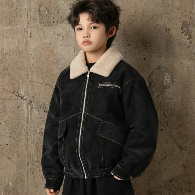 Boys Children's Thickened Fleece Leather Jacket Baby Teenager Winter Coat Warm Stylish Korean Style Kids' Outerwear 4