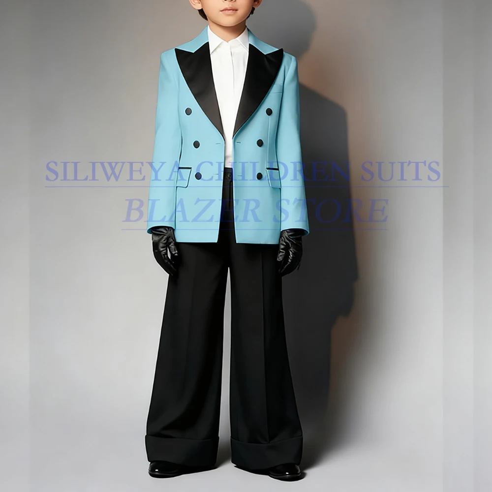 

Customzied Girls Suits Blazer Fashion Double Breasted Peak Lapel Slim Fit Blue Jacket With Black Pants Daily Kids Outfits Costum