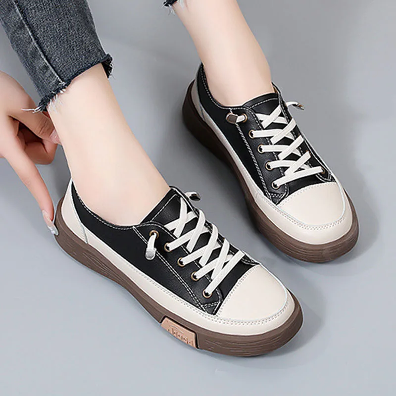 Spring Autumn Women's Shoes Elastic Bands Slip on Casual Shoes Breathable Leather Flat Sneakers Female Platform Skateboard Shoes