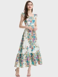 Elegant Summer Flower Print Sundress Holiday Long Dress Women Ruffles Party Backless Beach Midi Robe Chiffon Vestidos