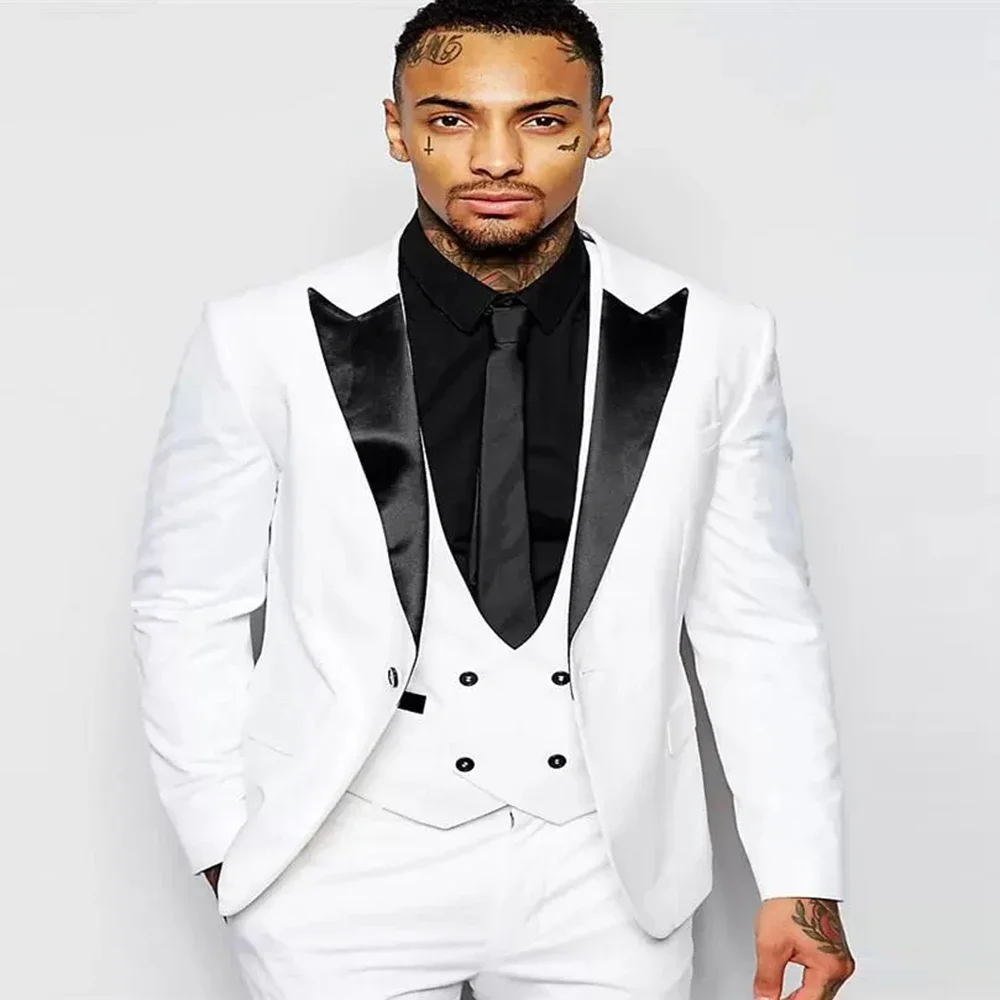 

White Fashion Wedding Party Business Casual Slim Fit Suit For Men Peak Lapel 3 Piece (Blazer+Vest+Pants)Costume Homme