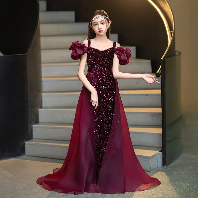 

2024 Luxury Elegant Girl High End Evening Dresses Children Princess Dress Sequin Ball Gown Kids Girls Birthday Party Long Frocks