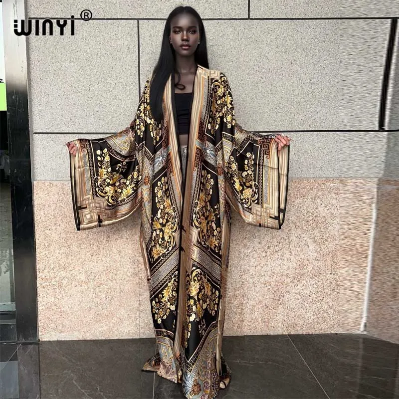 WINYI Kimono kobiety lato nowy nadruk sweter z długim rękawem bluzka damska luźna abaja Casual okrycie plażowe sukienka boho imprezę kaftan