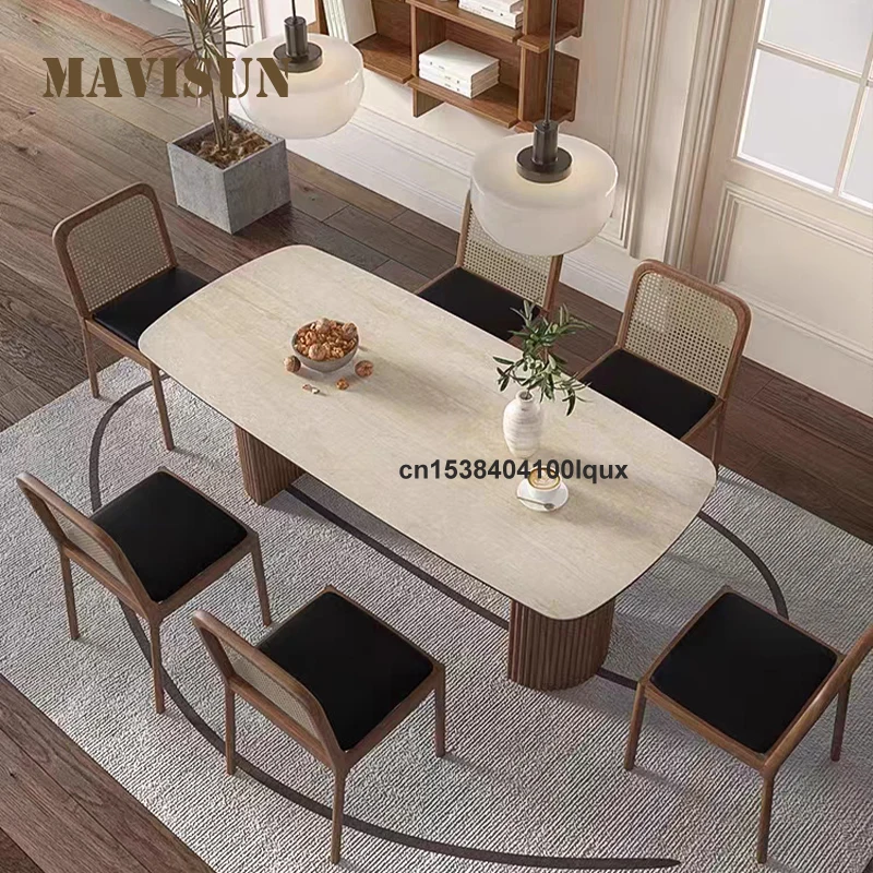 

Vintage-Style Home-Use Rock Slab Oval Log-Colored Solid Wood Frame Table Rounded Table Corners Durable Rock Slab Dining Table