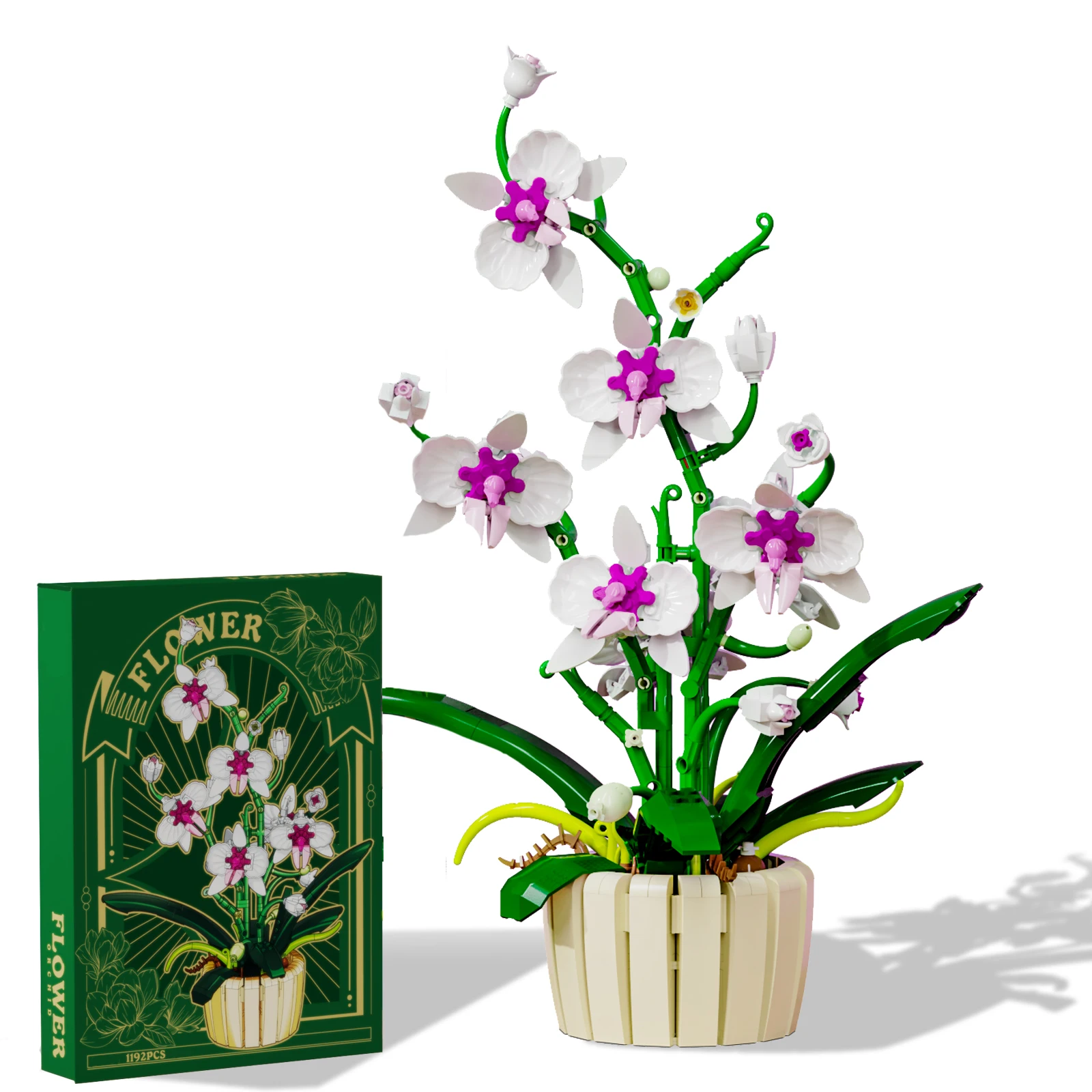 ชุดตัวต่อดอกกล้วยไม้สีขาว-ม่วง— แต่ละชิ้นของตัวต่อรูปดอกไม้จะมีลวดลายสลักอย่างละเอียด เหมาะสำหรับตกแต่งบ้านหรือใช้เป็นของตกแต่ง