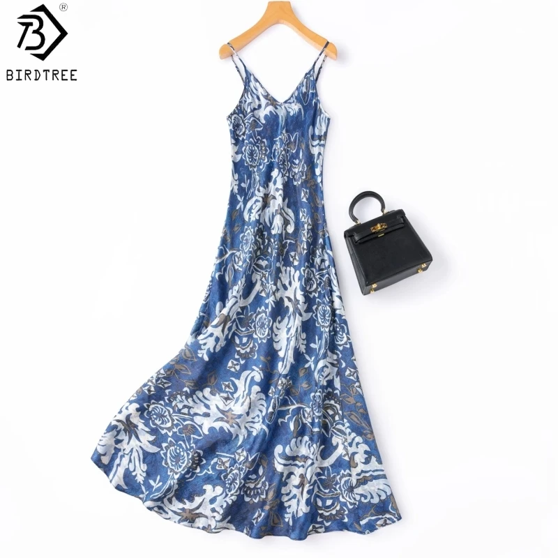 

BirdTree, 21MM 100% Silk Jacquard Floral Luo Dress, V-neck, Women Plain Satin Sling Dresses, Bias-cut, 2026 Summer New D65515JF