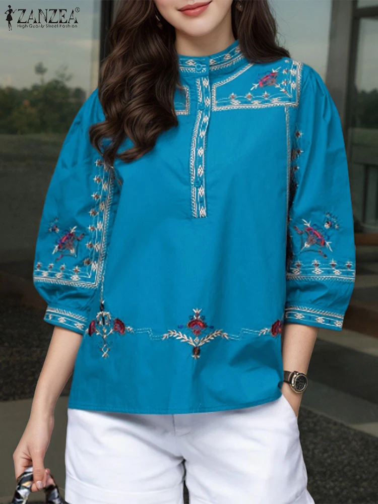 ZANZEA بلوزات نصف زر مطبوعة على الطراز العرقي للنساء لخريف 2025 بياقة الماندرين 3/4 كم فانوس بلوزات غير رسمية