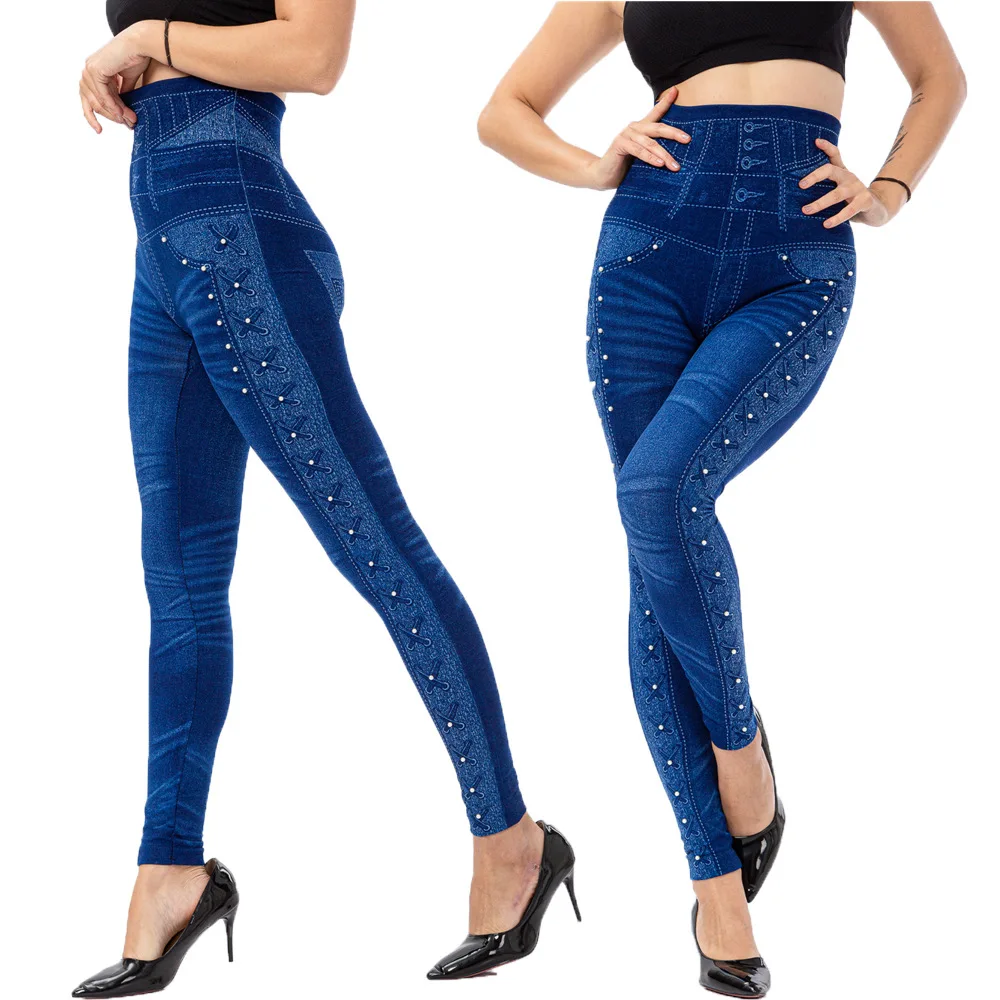 Novo falso denim legging mulheres venda quente de cintura alta cravejado contas imitação jean leggings elástico fino recortado legging calças