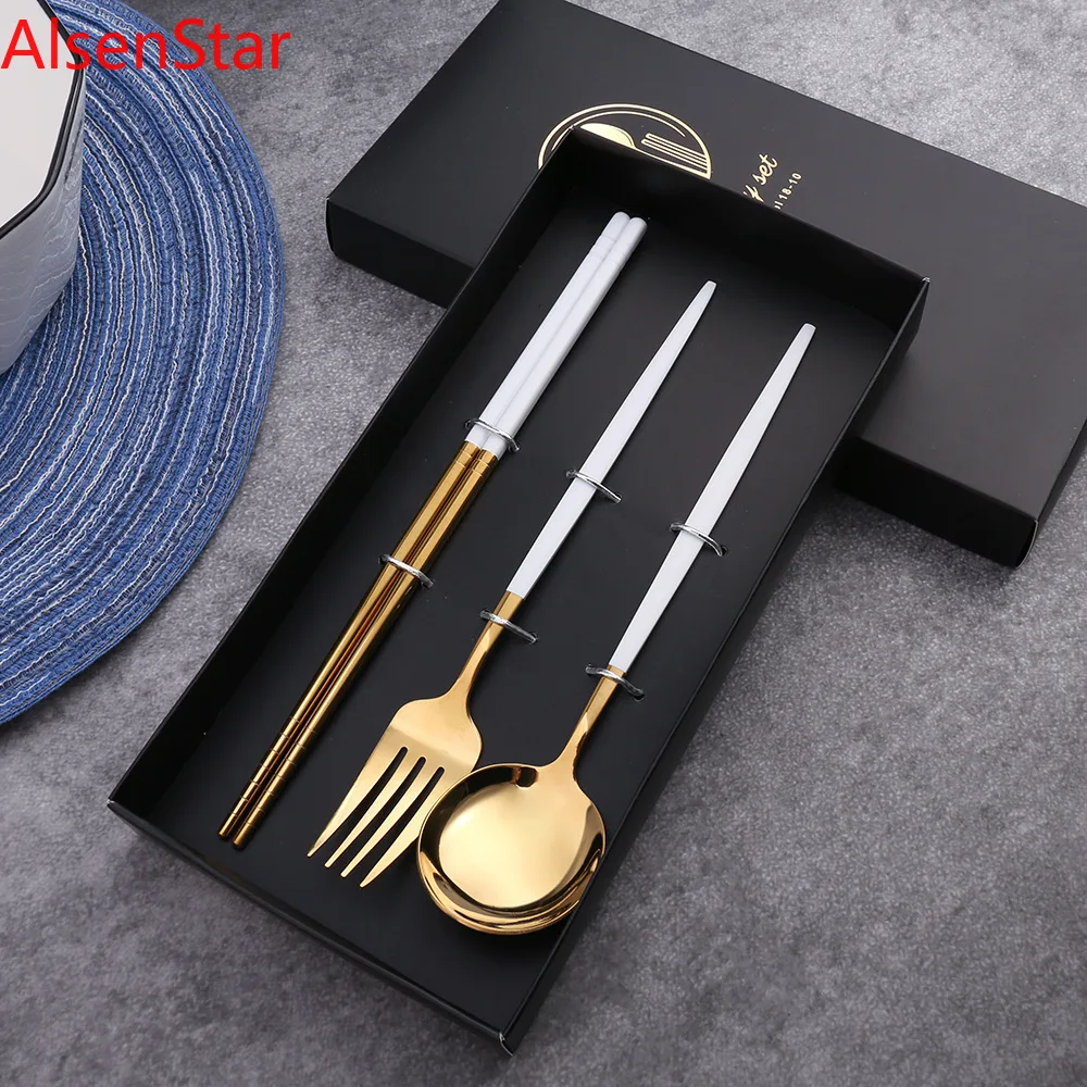 

3pcs/set Stainless Steel Spoon Fork Chopstick Knife Set with Storage Gift Box Coffee Dessert Fork Spoon Kitchen Tableware Set