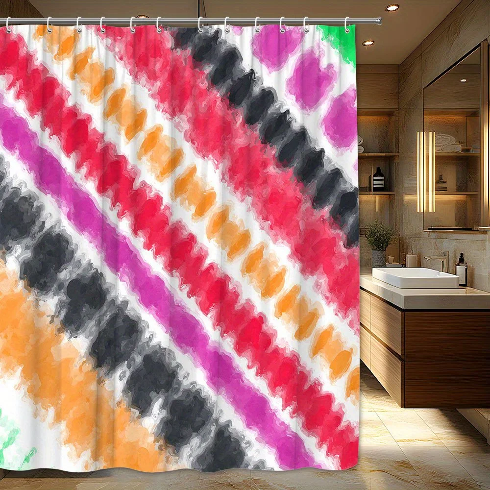

1pc Modern Bathroom Shower Curtain - Extra Large 70x70 Inches with 12 Hooks, Bold Red/Orange/Black/Purple/Pink Horizontal Stripe