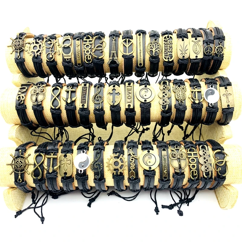 Wholesale 20/30/50/100/200pcs Vintage Leather Bracelets For Men Women Handmade Cuff Fashion Jewelry Party Gift Mix Lot Resizable