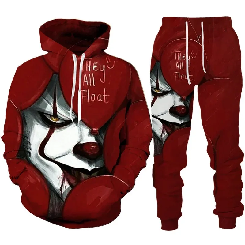 2024 Autumn Winter Men's Hoodies Tracksuit Set Horror Movie Clown 3D Print Fashion Hoodie Pants Suit Funny Unisex Pullover Sets