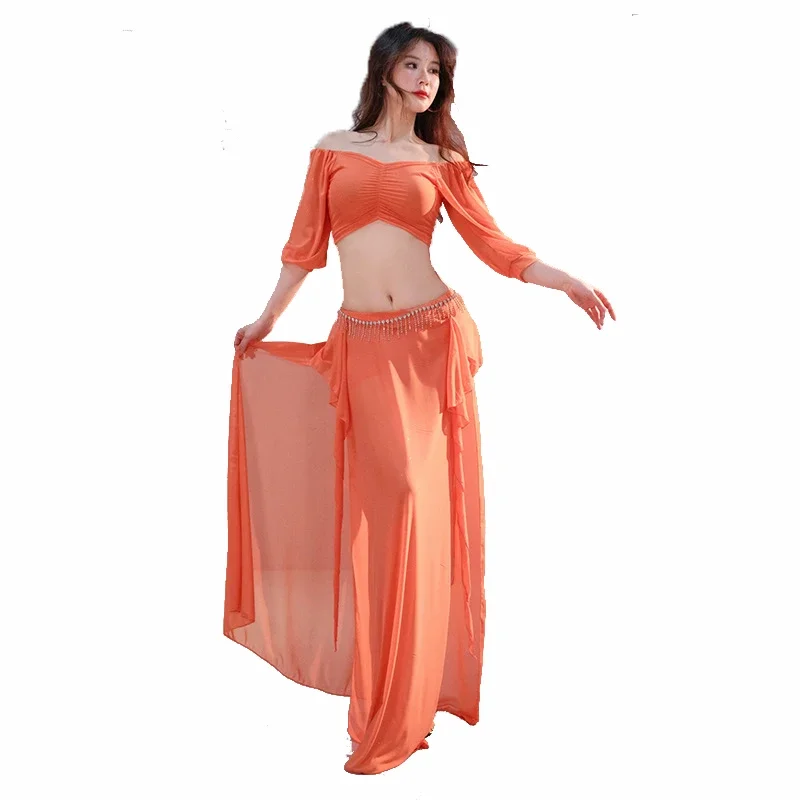 

Профессиональный костюм для танца живота для женщин, топ с открытыми плечами и короткими рукавами + сексуальная длинная юбка с разрезом, комплект из 2 предметов, одежда для восточных танцев