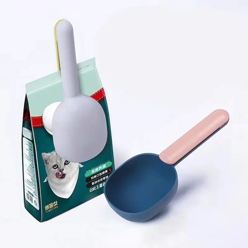 Multifunctional Pet Food Scoop, Dog Cat Feeding Spoon with Sealed Bag Clip, Curved Design Measuring Cup, Easy to Clean