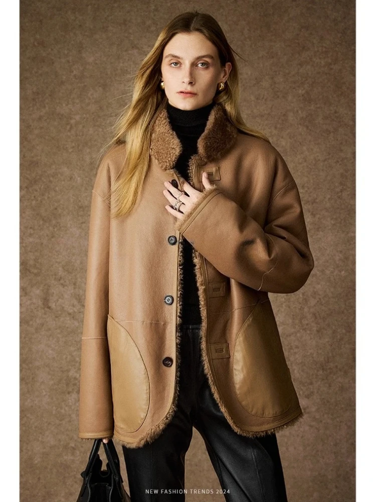 

High-end Luxury Lacon Lamb Fur Winter Shearling Jacket Women Simple Stand Collar Double-sided Wear Genuine Leather Real Fur Coat