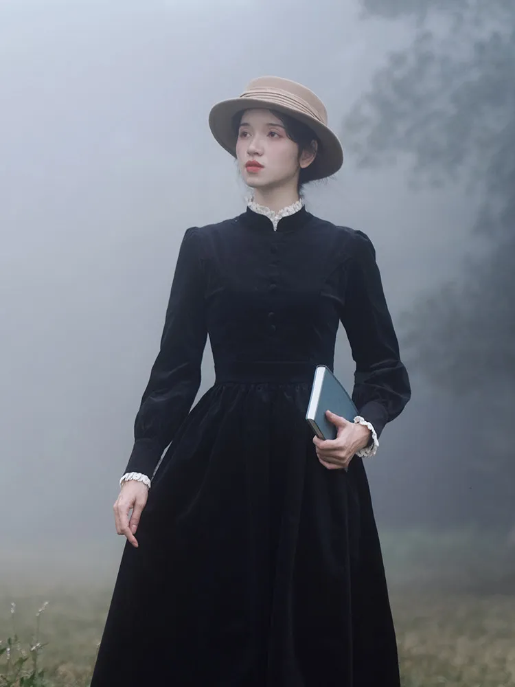 เดรสผ้าลูกฟูกสีน้ำเงินสำหรับผู้หญิง แขนยาว ความยาวกลางน่อง สไตล์วินเทจ เอวสูง คอตั้ง สีดำ ไซส์ S-L สำหรับฤดูใบไม้ร่วงและฤดูหนาว