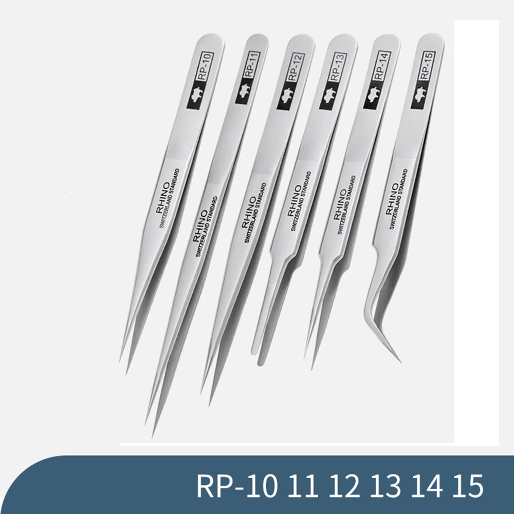 Carbon Steel Anti-Magnetic/Acid RHINO RP-10 RP-11 RP-12 RP-13 RP-14 RP-15 Tweezers Set For Electronics Jewelry Industry Tools