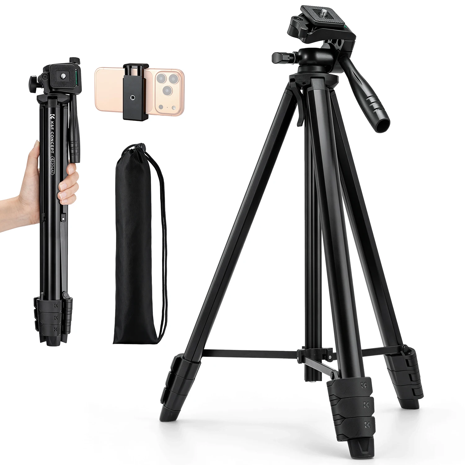 K&F CONCEPT 57,9''/147cm reisstatief voor telefoon en camera, draagbaar reisstatief met reistas, statief van aluminiumlegering.