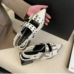 Zapatos planos con hebilla de lujo para mujer, sandalias informales con talón descubierto y punta estrecha, 2024