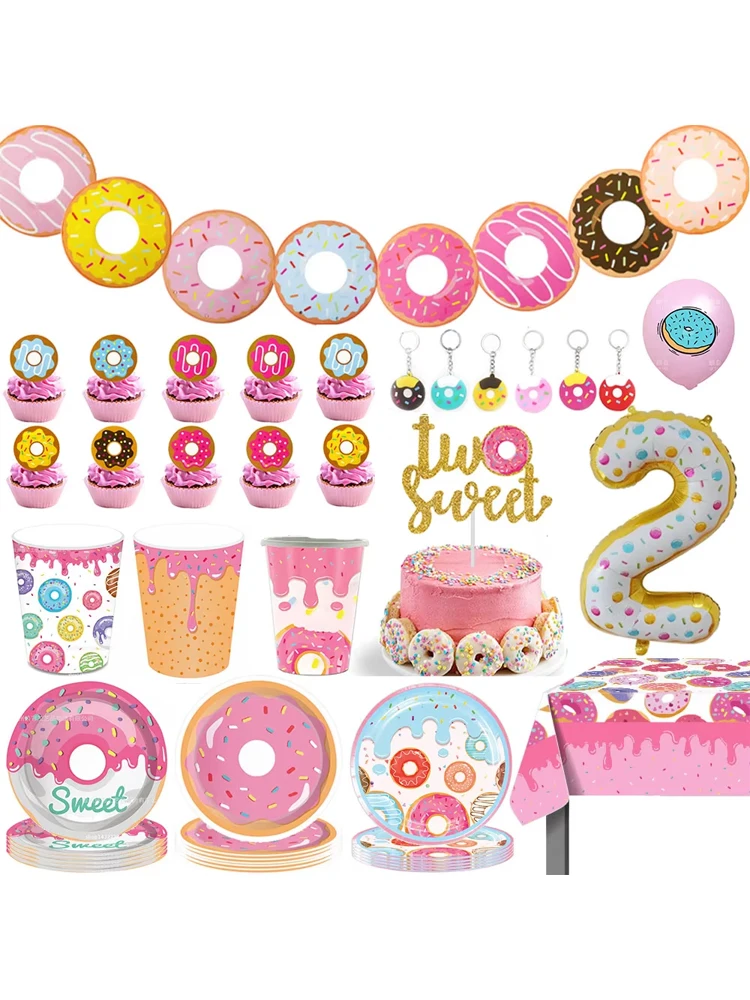 Décorations de 2ème anniversaire pour filles, deux décorations de fête d'anniversaire douces, ballons de bannière, vaisselle jetable, beignets, fournitures de fête à thème