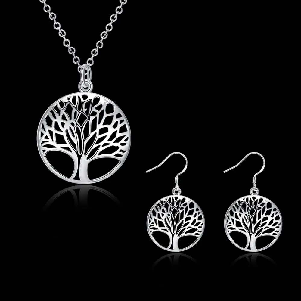 Heiße Frau Schmuck Sets 925 Sterling Silber Feine Retro Runde Baum Anhänger Halskette Ohrringe Mode Party Hochzeit Urlaub Geschenke