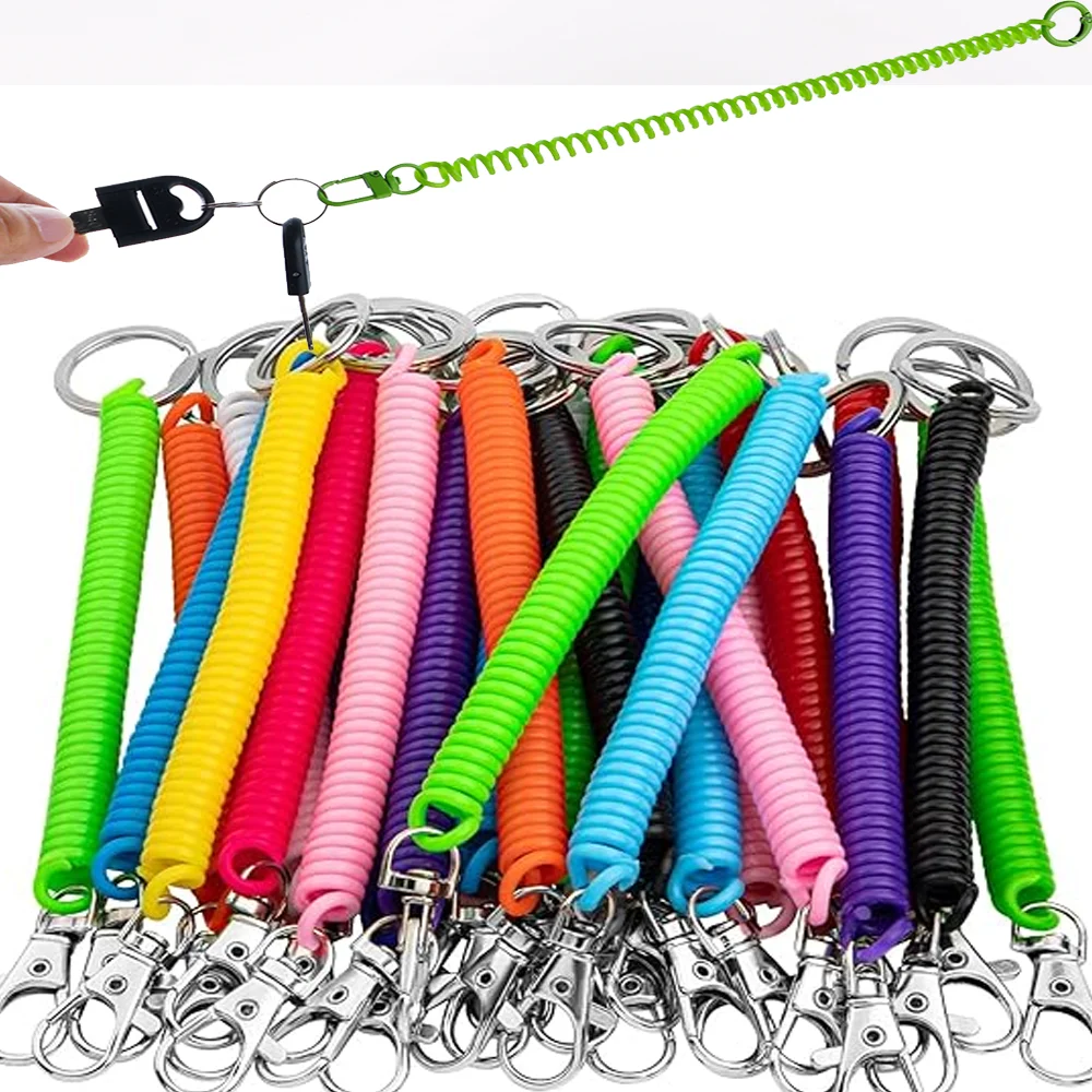 4pcs Colorful Spiral Elastic Spring Rope Keychain Key Metal Carabiner For Anti-lost Phone Spring Key Cord Clasp ID Card Hook