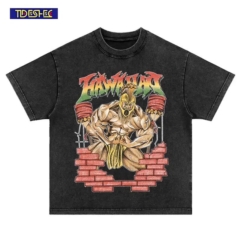 

Washed Vintage Hip Hop Streetwear Muscular Man Comic Print Harajuku Cotton Punk Fashion Oversized Short Sleeve Loose T-Shirt Top