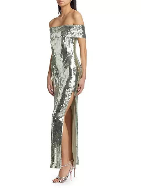 Elegant Gown Dress V-Neck Off Shoulder Maxi Dress Sequin Pleated Waist Tight Evening Party Dress Sexy Split Long Dreses